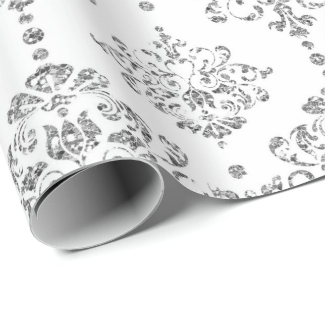 Damask White Royal Gray Silver Glitzer Geschenkpapier (Rolleneckpunkt)