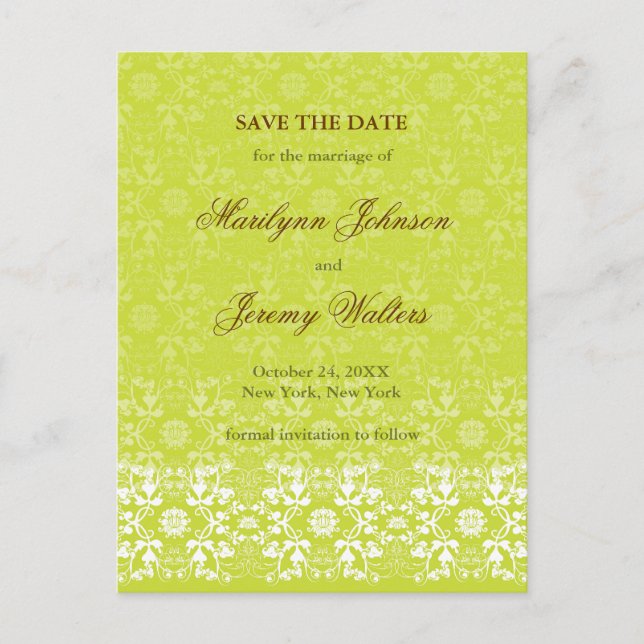 Damask Wirbel Lace Limon Save the Date Postkarte (Vorderseite)