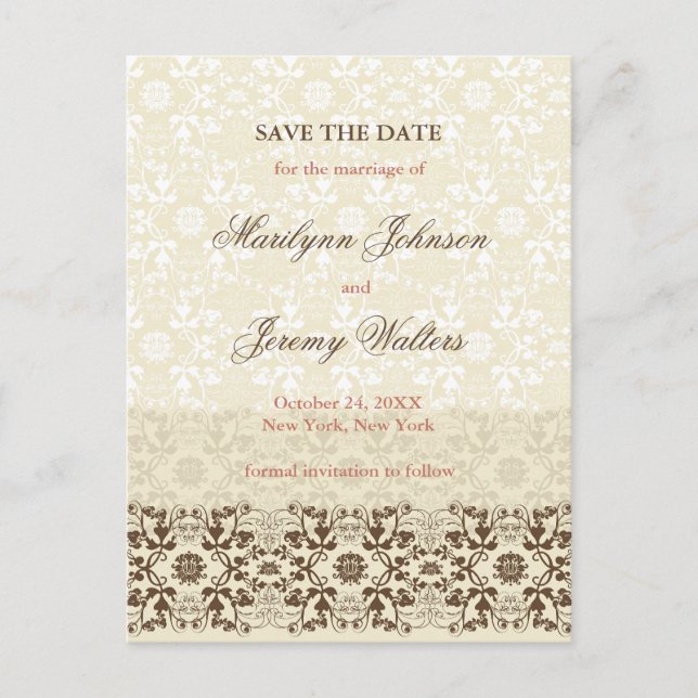 Damask Wirbel Tee Kaffee Save the Date Postkarte (Vorderseite)