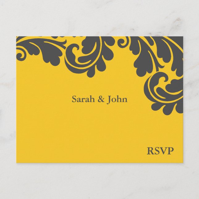 Damask Yellow and Gray Wedding RSVP Einladungspostkarte (Vorderseite)