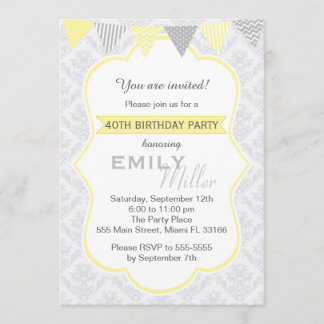 Damask Yellow Grey Adult zum Geburtstag Einladung