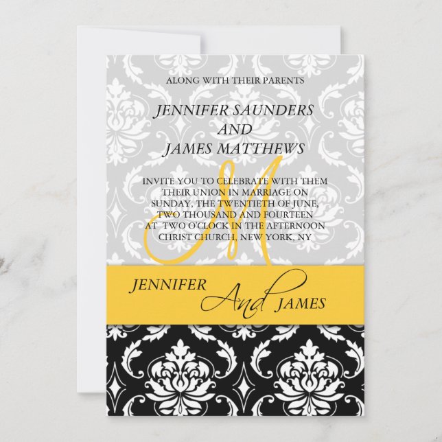 Damask Yellow Monogram Names Wedding Einladung (Vorderseite)
