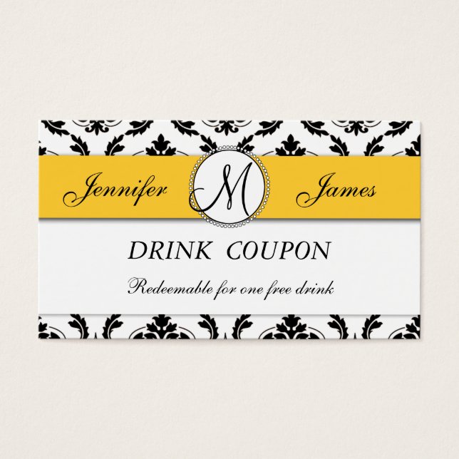 Damask Yellow Wedding Free Drink Coupon Card (Vorderseite)
