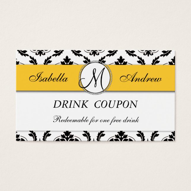 Damask Yellow Wedding Free Drink Coupon Card (Vorderseite)