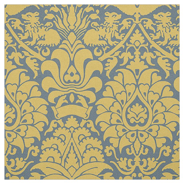 Damaske mit Löwen, Senf auf Marine Blue Stoff (Muster)