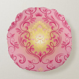 Damaske rosa, rot und gelbes rundes Kissen