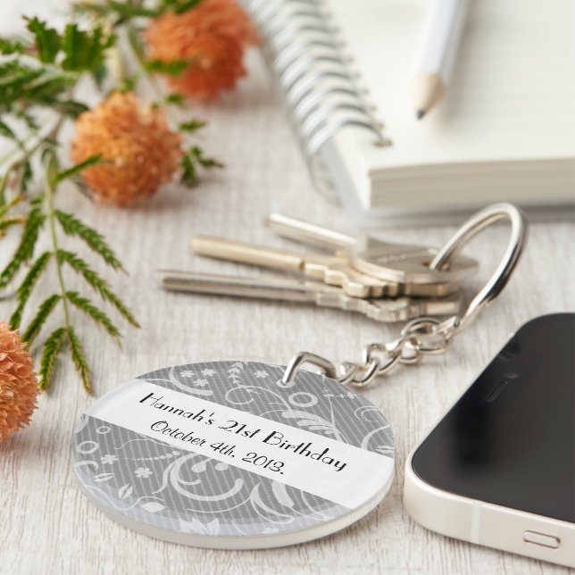 Damasken Muster, Grau Damaske, Geburtstagsparty Schlüsselanhänger (Vorderseite rechts)