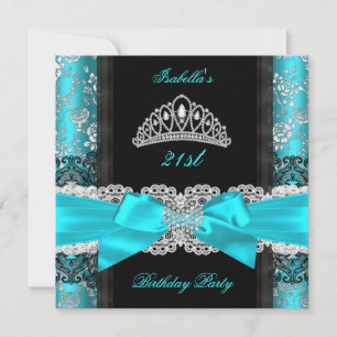 Damaskus-Rosen-Teal-Schwarz-Weiß-Tiara-Geburtstags Einladung