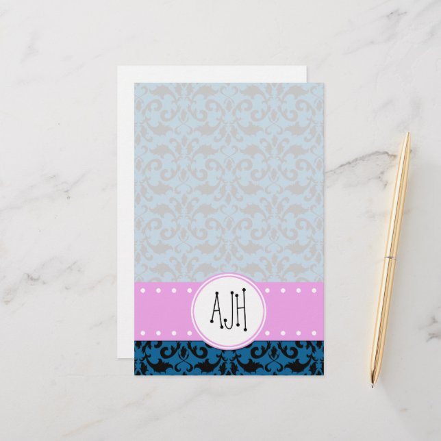 Damaskusmuster, blaue Damaske, Monogramm Briefpapier (Vorderseite/Rückseite Beispiel)