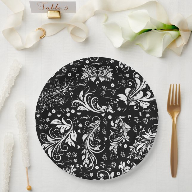 Damaskusmuster, französische Damaske, Schwarz und  Pappteller (Hochzeit)
