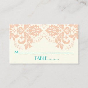 Damasmotif peach, aqua, Elfenbeinhochzeit Platzkar Platzkarte