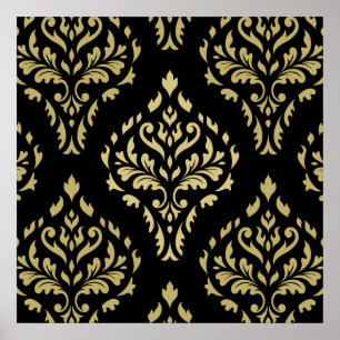 Damast-Blatt-Barockmuster Schwarz & Gold Poster