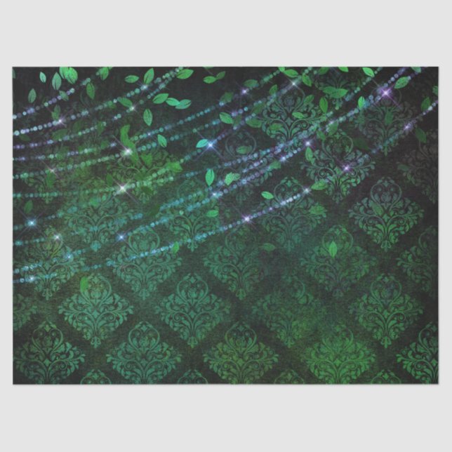 Damast, Blätter und Leuchten auf grünem Dekor Seidenpapier (Vorderseite)
