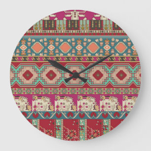 Damast Blumen Geometrisch Farbige Patchworkarbeit Große Wanduhr