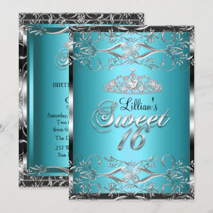 Damast & Diamantentiarra Blau Silber Sweet 16 Einl Einladung