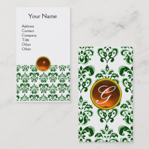 DAMAST DUNKELGRÜN MONOGRAMM orangefarbener Edelst Visitenkarte