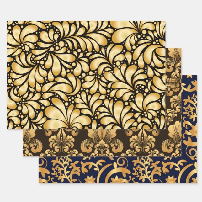 Damast Gold & Schwarz Geschenkpapier 3 Bogen Set (Von Creator hochgeladen)