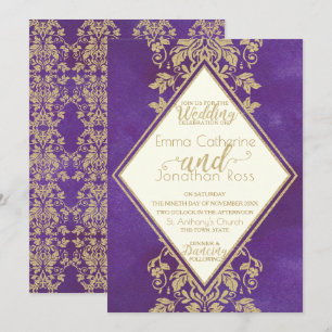 Damast-Gold- und Königspurpur-Hochzeit Einladung