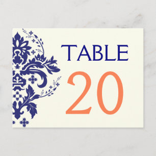 Damast marineblau, korallene Hochzeitstisch-Nummer Postkarte