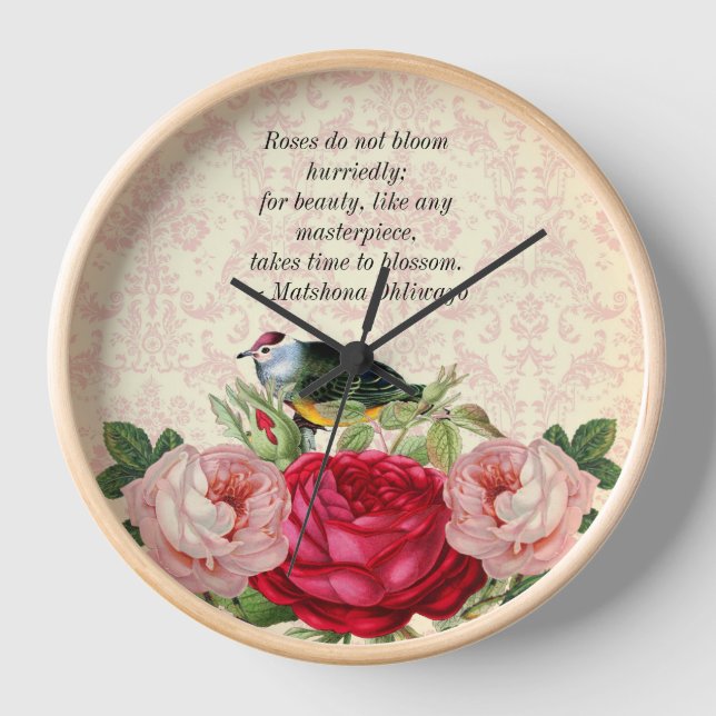 Damast mit rosa Rote Rosen Uhr (Vorderseite)