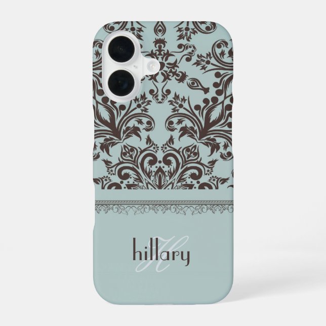 Damast-Monogramm-Blumenmuster iPhone 16 Hülle (Rückseite)