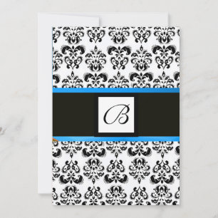 DAMAST-MONOGRAMM, schwarz und weiß, blau Einladung