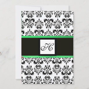 DAMAST-MONOGRAMM, schwarz und weiß, smaragdgrün Einladung