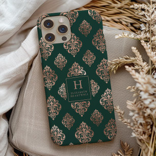 Damast-Muster-Monogramm Roségold Smaragdgrün Case-Mate iPhone 14 Hülle