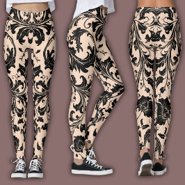 Damast-Muster | Schwarz & Pfirsich-Beige Leggings