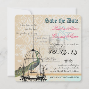 Damast-Pfau-Vogelkäfig-Hochzeit Save the Date