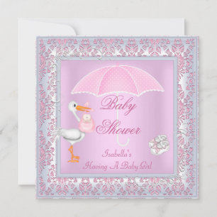 Damast Rosa Babyparty Mädchen Regenschirm Einladung