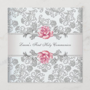Damast-Rosa-Rosen Mädchen Erstkommunion Einladung
