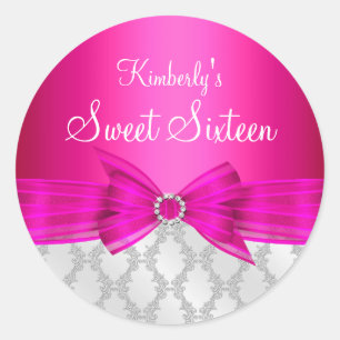 Damast & rosa Schleife Sweet Sixteen Aufkleber