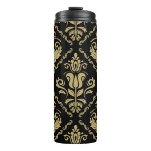 Damast Schwarz Gold: Klassisches Ornament. Thermosbecher