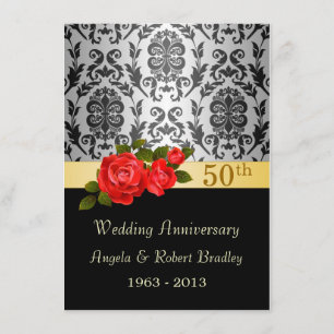 Damast schwarz, rote Rose 50. Hochzeitstag Einladung
