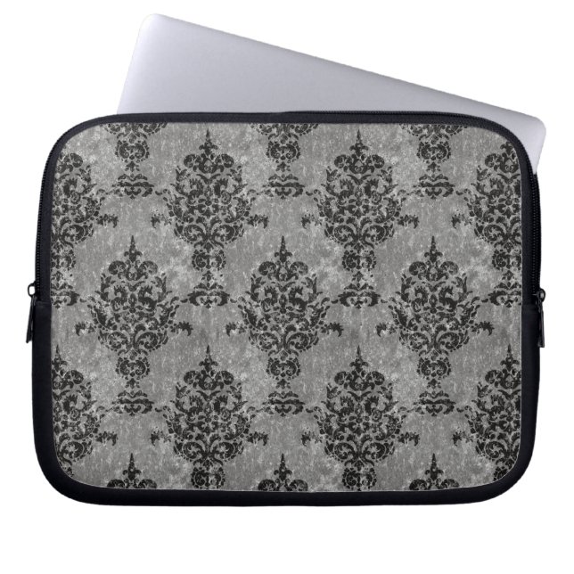 Damast-Schwarzes auf grauem Imitat-Stein Laptopschutzhülle (Vorderseite)