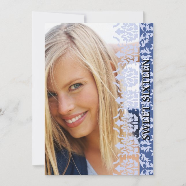 Damast sehen durch Foto-Blau-Einladung Einladung (Vorderseite)