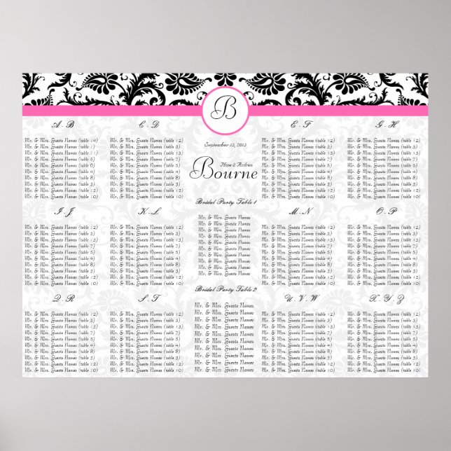 Damast-Sitzplan-Tabellennummern - Alphabetisch Poster (Vorne)