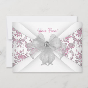 Damast Weiß Rosa Floral Juwel Schleife Party Einladung