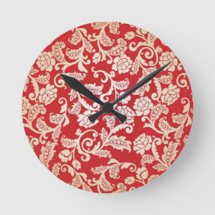 Damastblumenhintergrundmuster Runde Wanduhr