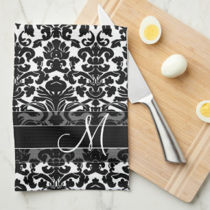 Damastmuster mit Monogramm - Schwarz und Weiß Handtuch