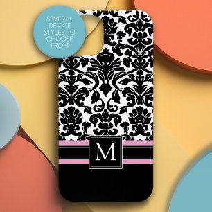 Damaszener Muster mit schwarzem rosa Monogramm iPhone 15 Hülle