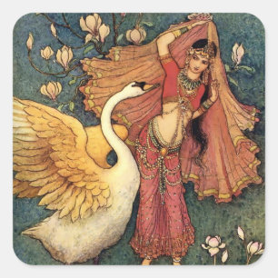 „Damayanti und der Schwan“ von Warwick Goble Quadratischer Aufkleber