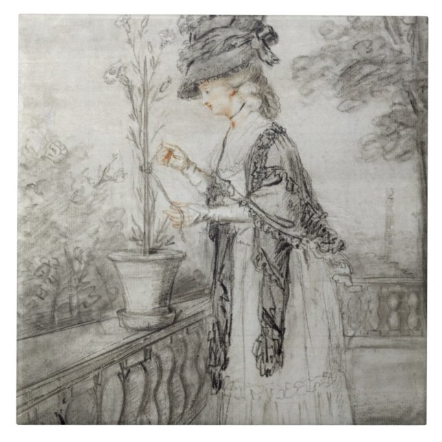 Dame auf einer Terrasse, die eine Fliese (Vorderseite)