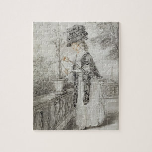 Dame auf einer Terrasse, die eine Puzzle