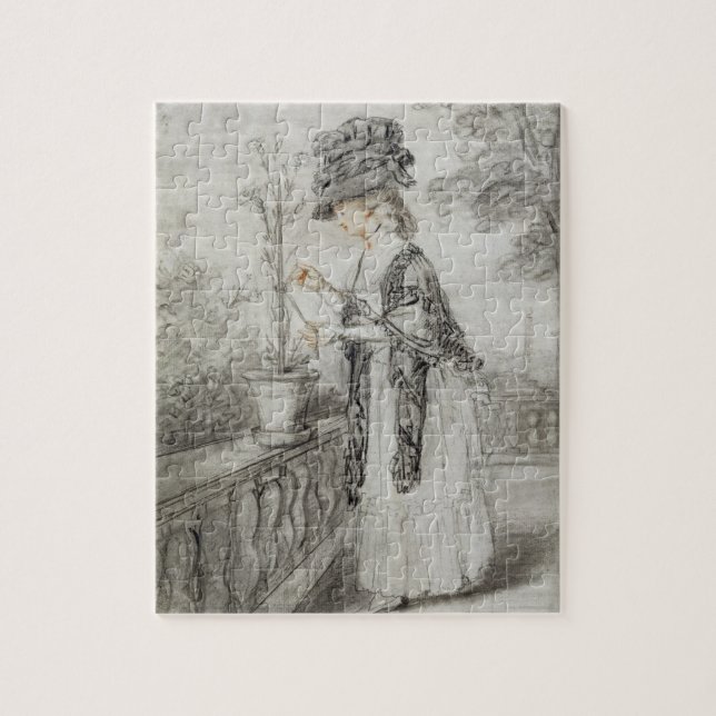 Dame auf einer Terrasse, die eine Puzzle (Vertikal)