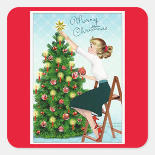 Dame aus den 1920er Jahren schmückt Weihnachtsbaum Quadratischer Aufkleber