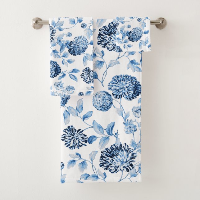 Dame Blue Modern Vintage Botanical BlumenToile Badhandtuch Set (Insitu)
