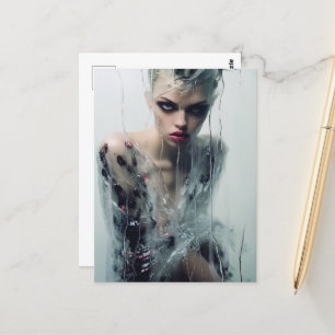 Dame Clear Plastic Dress Hinter Rainy Window Postkarte