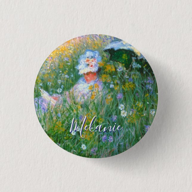 Dame des Claude-Monet-Gemäldes Dans La Prairie Button (Vorderseite)